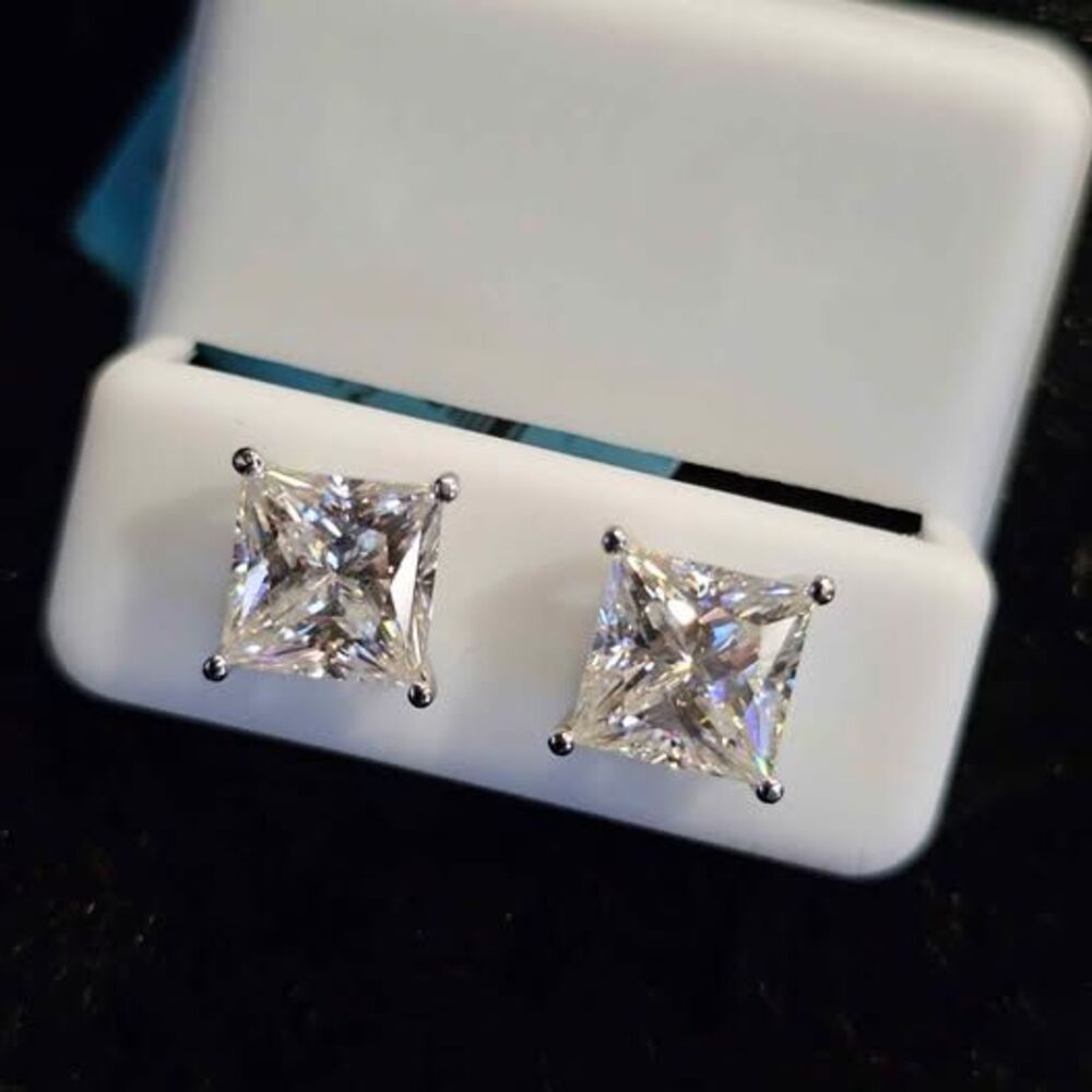 6.0CTW VVSD Moissanite Princess Cut screwback earrings in 925 sterling silver